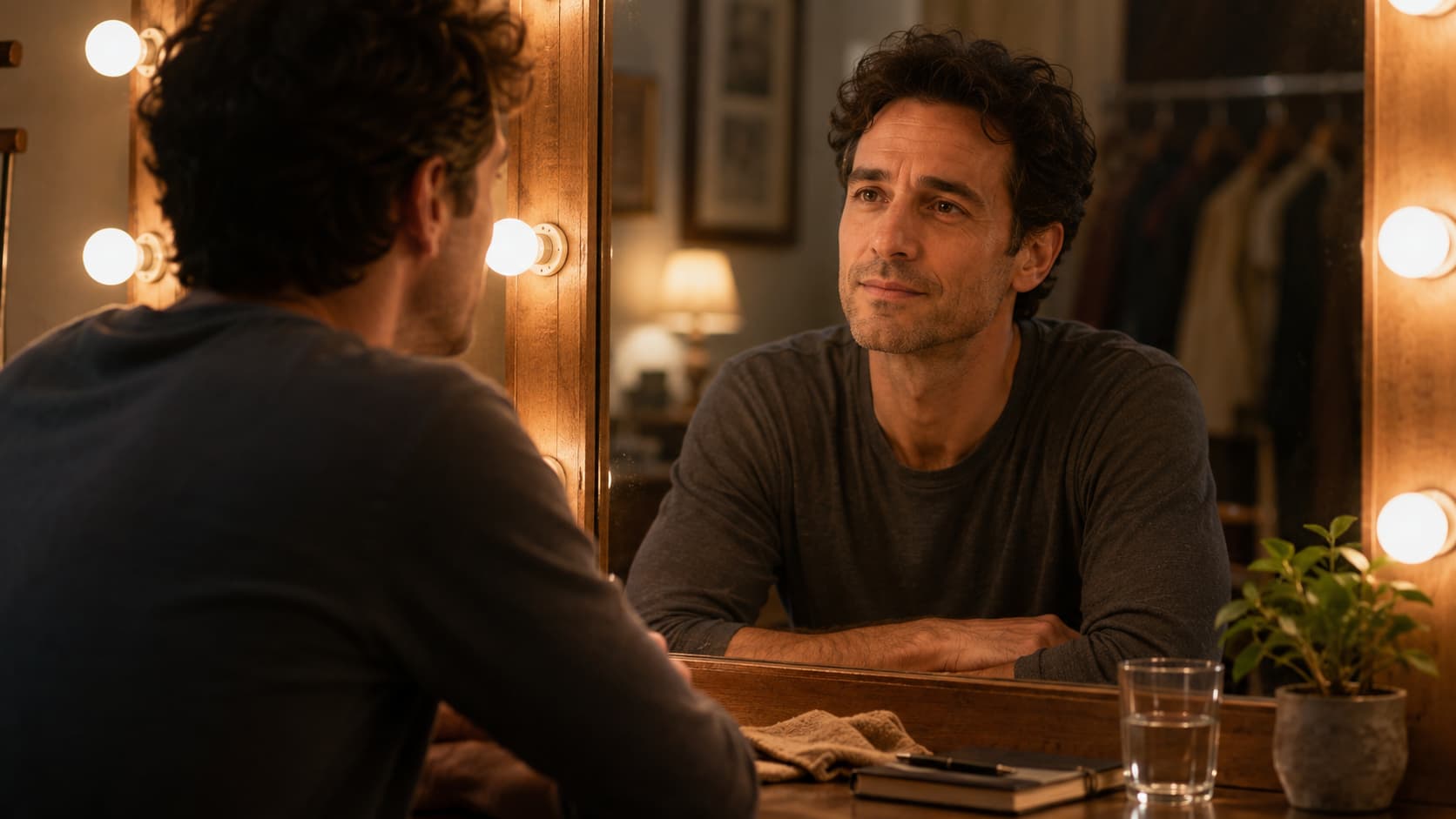 El actor en calma frente al espejo, sin maquillaje ni vestuario · Meta Humano