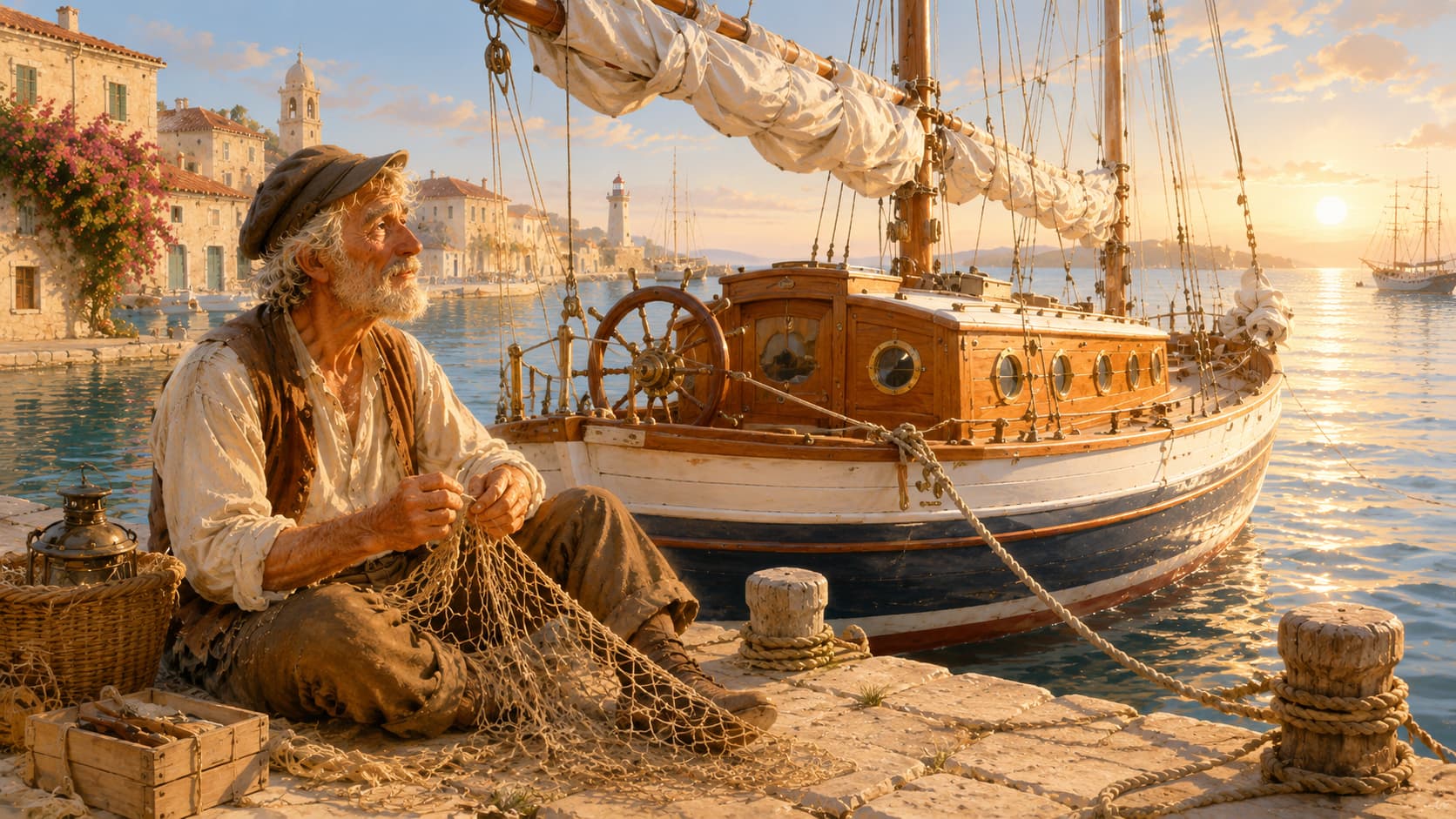 Un viejo pescador remendando una red frente al barco amarrado · Meta Humano