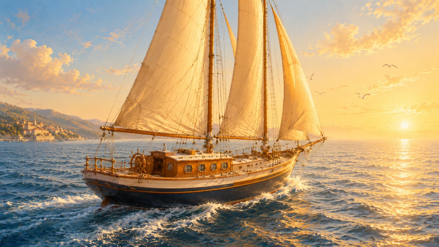 El barco navegando en mar abierto, dejando el puerto a lo lejos · Meta Humano