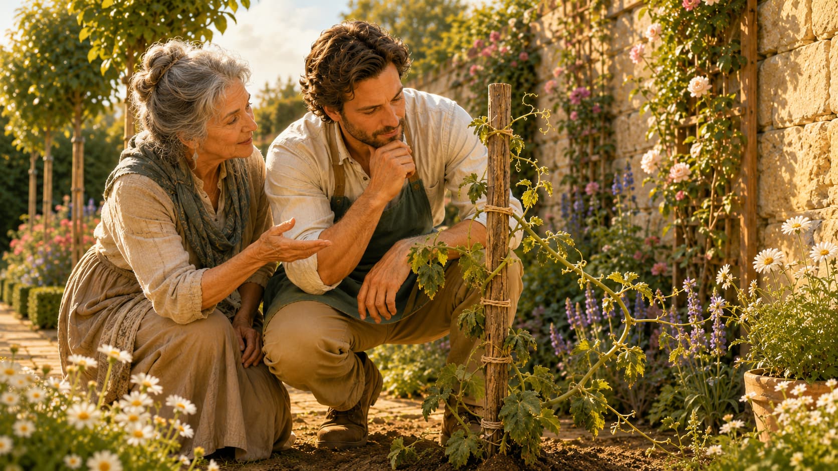 Una vecina conversando con el jardinero frente a la enredadera atada a una vara · Meta Humano