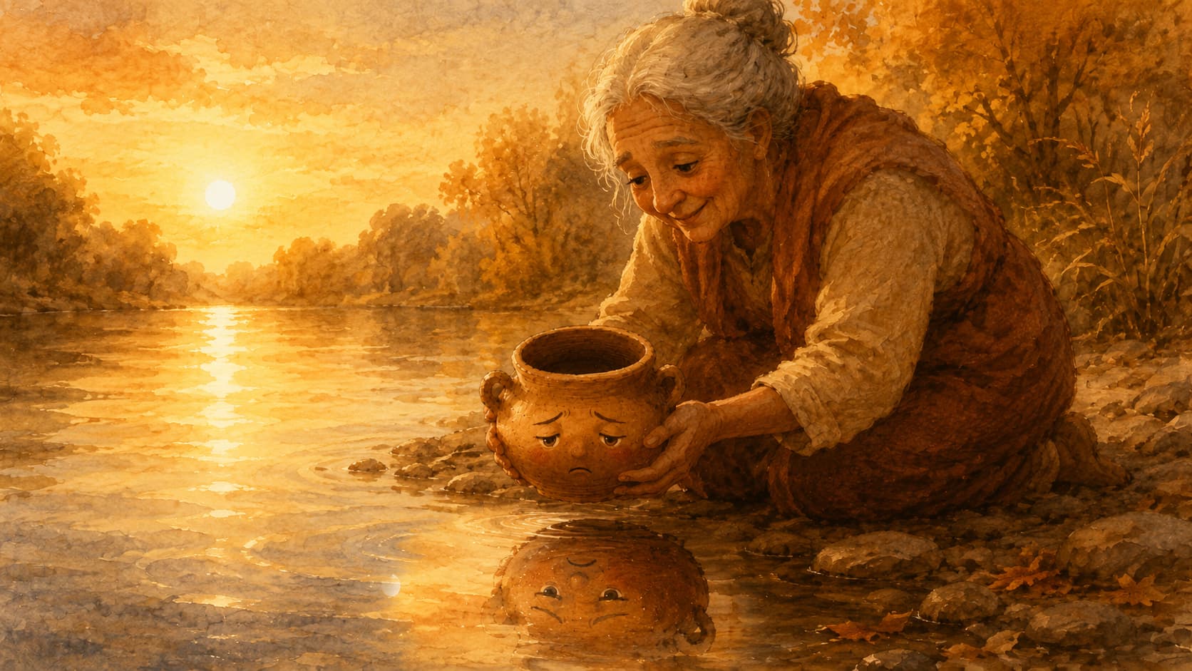 La vasija frente a la anciana junto al río · Meta Humano