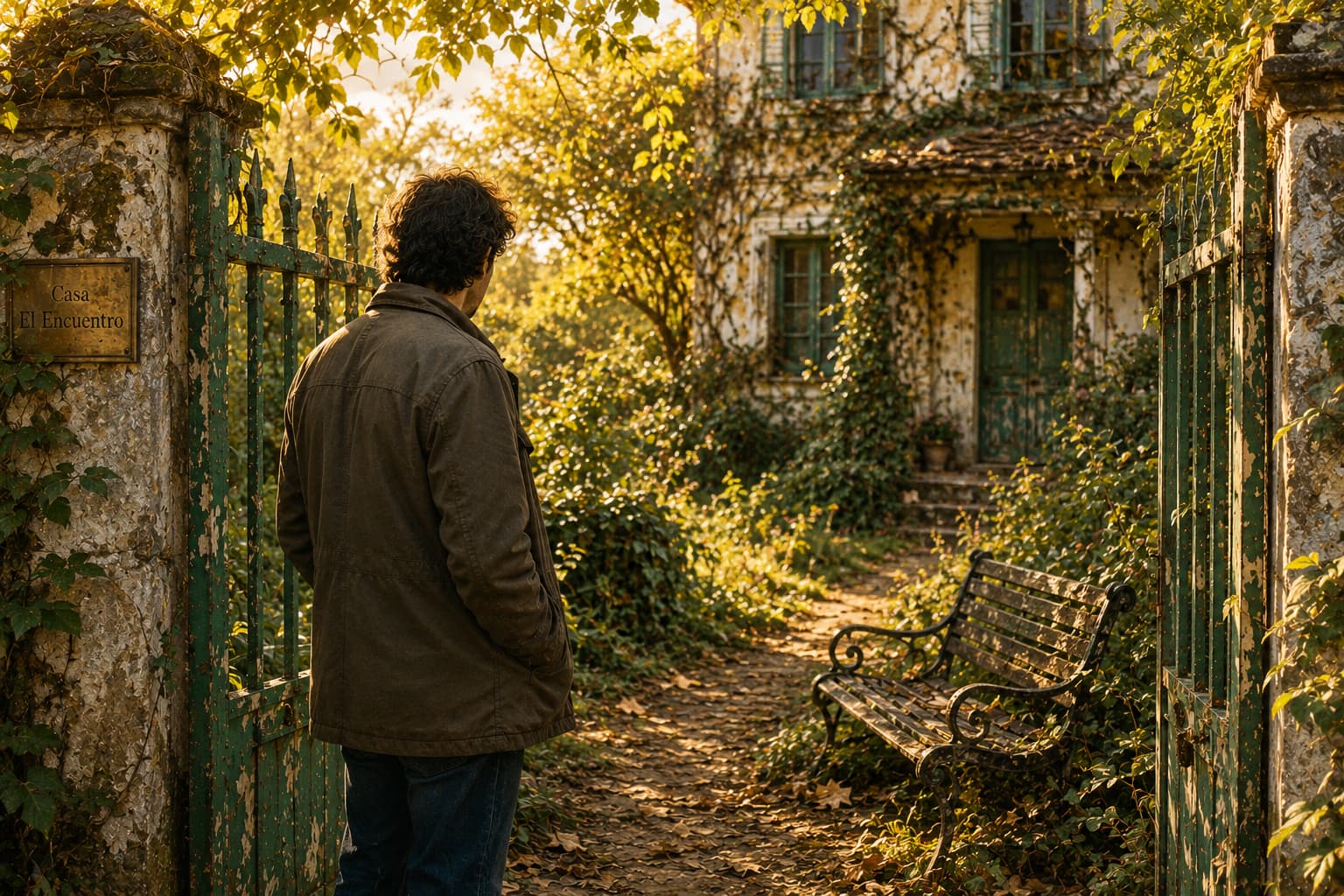 Hombre entrando a un jardín cubierto de enredaderas — del cuento 'El jardín que esperaba', universo El Jardín, Meta Humano
