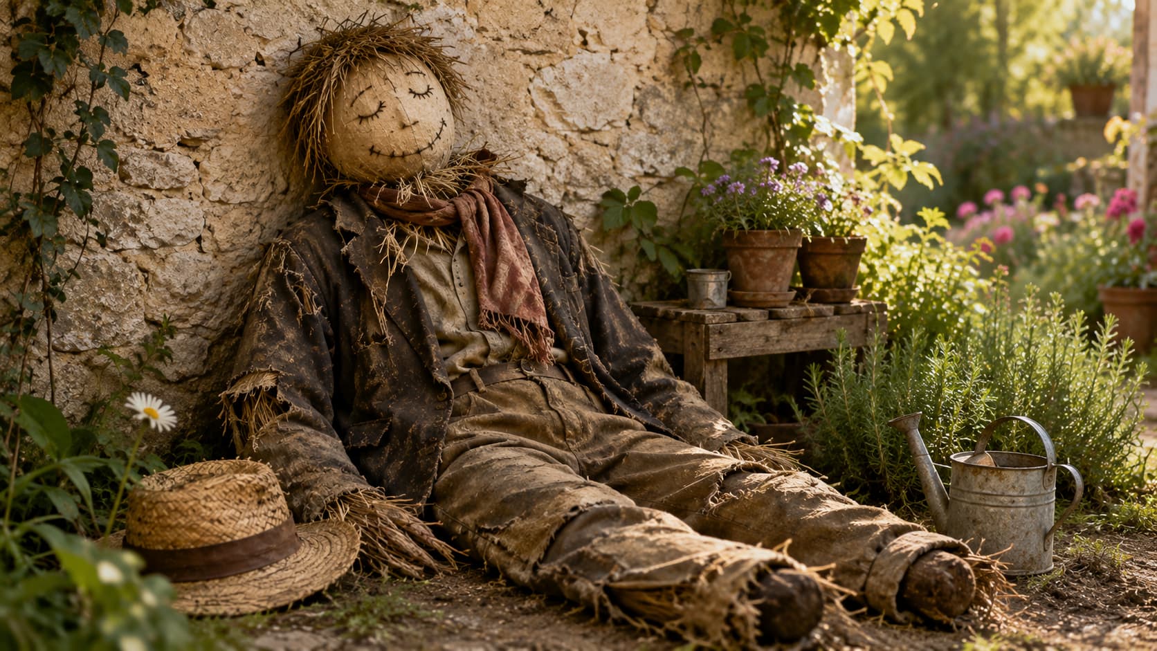 El viejo espantapájaros descansando junto al muro, con el sombrero a un costado, en un jardín tranquilo · Meta Humano