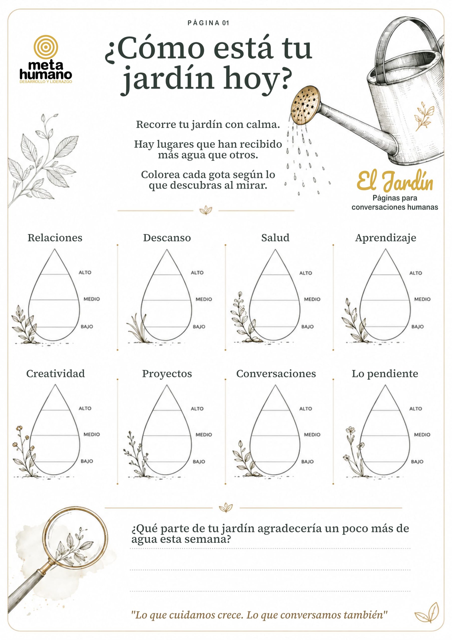Vista previa de la página imprimible ¿Cómo está tu jardín hoy? — ilustración de regadera y ocho gotas para evaluar áreas de vida