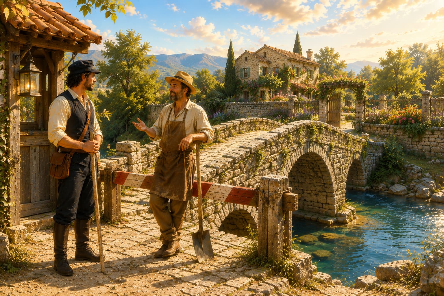 El centinela y el jardinero conversando junto al puente, con el jardín visible al otro lado · Meta Humano