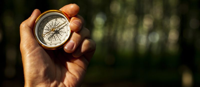 hand-holds-compass-with-blurred-background